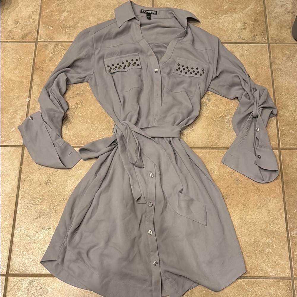 Express Gray Notched Collar Long Sleeve Dress
